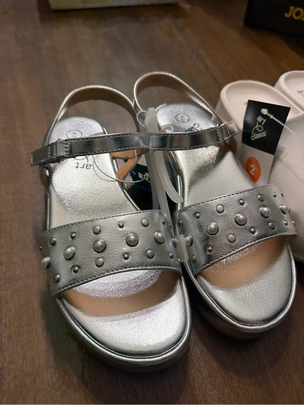 Art Class Metallic Studded Sandal and White Eddie Platform Slide- Size 2 Girls